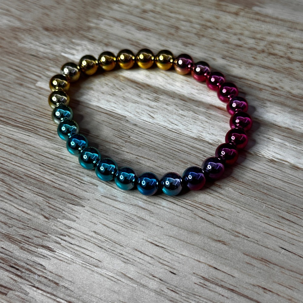 Rainbow Ombre Metallic Beaded Stretch Bracelet Gold Teal Purple‎ Magenta Round